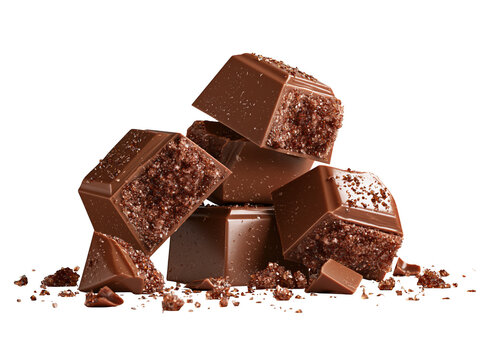 Stack of delicious milk chocolate chunks isolated on a white background