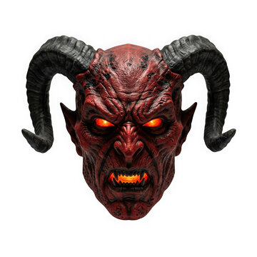 Terrifying red demon mask with glowing orange eyes and mouth, large horns, isolated on white isolated on transparent background