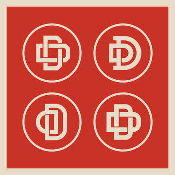 Collection of four vintage interlocking DD monogram logo designs on a red square background
