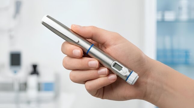 Hand holding silver insulin pen injector for daily diabetes management.