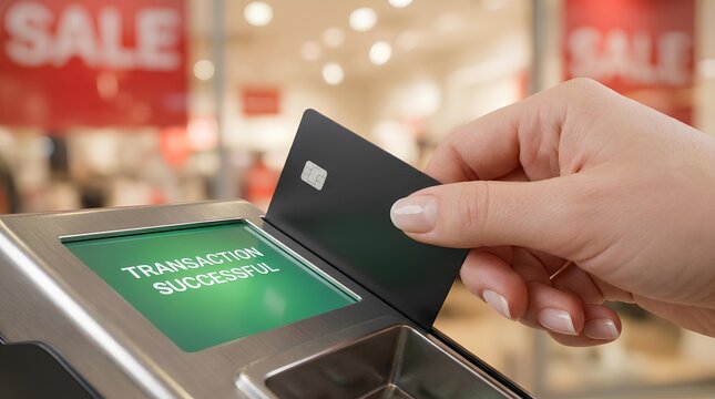 Hand inserting credit card into payment terminal with successful transaction message.