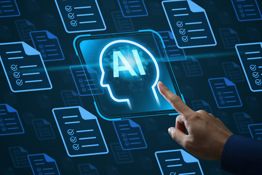 AI powered document management system. Intelligent document processing for digital file compliance and workflow automation. Businessman touching AI icon.