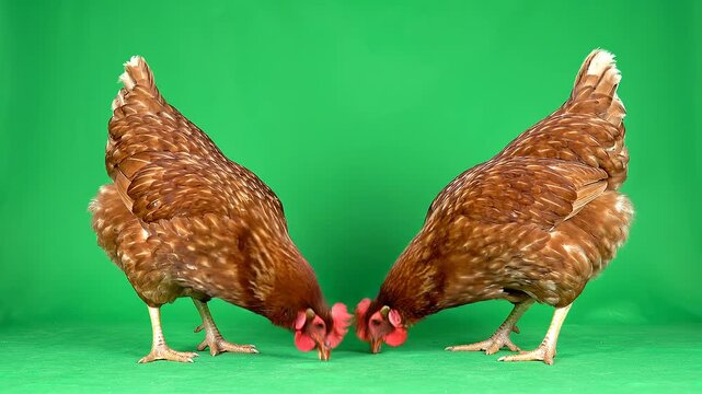 Two Brown Chickens Pecking on Green Screen Background.