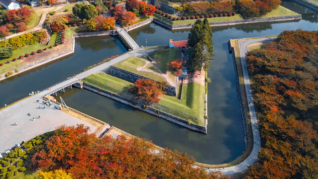 Hakodate, Japan - October 25 2025 : Goryokaku Park is an iconic star-shaped fort constructed in 1855, was the site of a civil war Japan's restoration period
