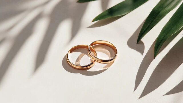 Elegant gold wedding rings on minimalist cream background with leaf shadows