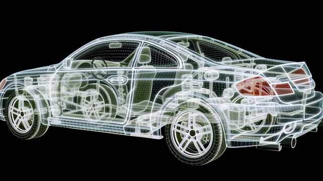 Transparent car outline showcasing engineering innovation and mechanical design