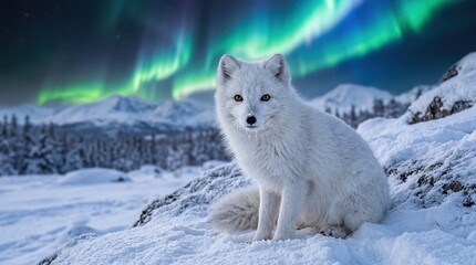 Fototapeta premium White Arctic Fox with Aurora Borealis in Winter Wilderness
