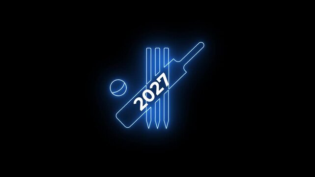 neon cricket stumps ball and bat with 2027 glowing text fade animation.