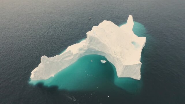 Aerial view of a large white iceberg floating in the turquoise sea with a small boat nearby in Greenland.