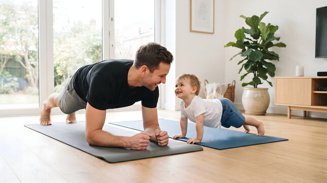 A happy young father and his cute toddler son smile at each other while practicing plank exercise on fitness mats in their bright, modern living room, promoting a healthy lifestyle, family bonding,...