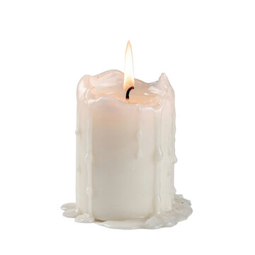 A single white pillar candle with a burning flame and melting wax drips isolated on a transparent background