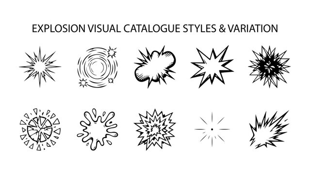 Set of hand drawn comic book explosion icons and blast effect design elements