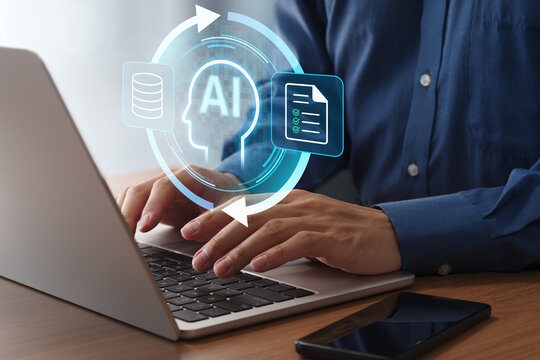 Human-AI feedback loop for continuous AI improvement through human feedback. Machine learning and intelligent decision making. Businessperson using AI tool on laptop computer at home office.