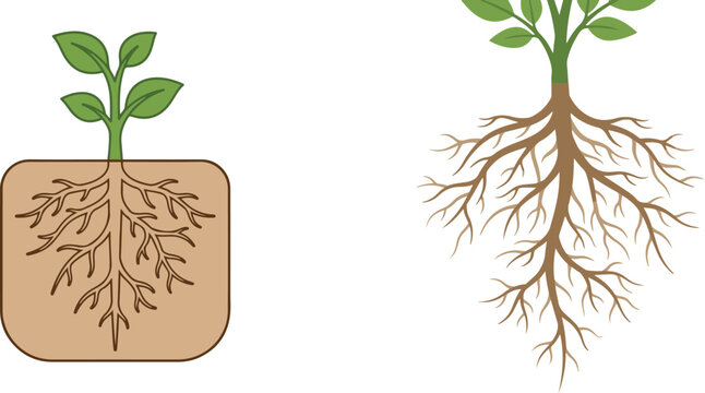 Vector illustration of a young plant seedling with a visible branching root system growing in soil, alongside a separate detailed tree root diagram, showing the underground structure
