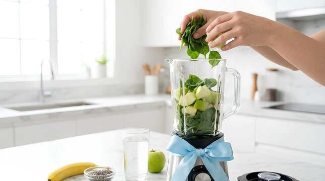 Hands putting fresh green leaves into a blender for a healthy smoothie.