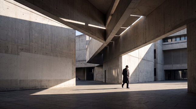 Man walking beneath concrete modern architecture with sharp light and shadow contrast