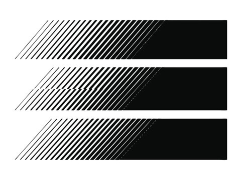 Dynamic speed lines vector set, black racing stripes with motion blur effect, geometric sports decals for automotive vinyl wrap design