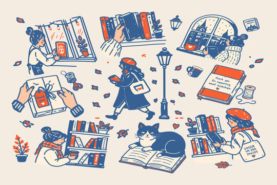 Cozy Book Lover Activities Vector Set - Autumn Reading, Shopping and Bookshelf Browsing Clipart. From browsing cozy shelves to reading by a rainy window with a furry cat.