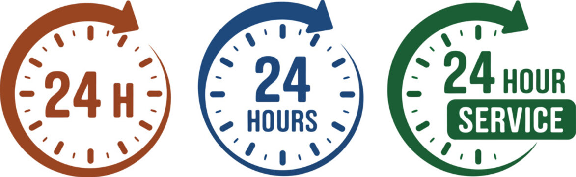 24 hour service icon featuring continuous support, order execution, delivery, availability, and flat vector illustration on white background.
