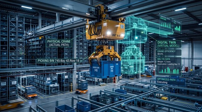 Advanced Automated Industrial Warehouse Featuring Holographic Digital Twin Technology for Real Time Logistics Management and Smart Supply Chain Operations