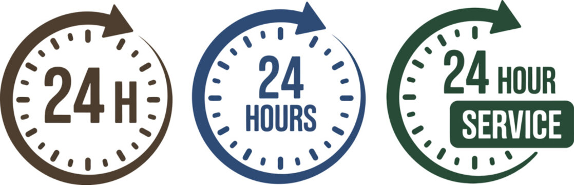 24 hour service icon featuring continuous support, order execution, delivery, availability, and flat vector illustration on white background.
