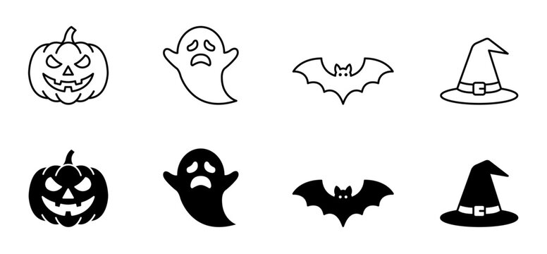 Halloween spooky outline and solid vector icon set featuring a pumpkin, ghost, bat, and witch hat.