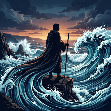 Prophet figure standing on a rocky cliff overlooking a turbulent stormy ocean at sunset