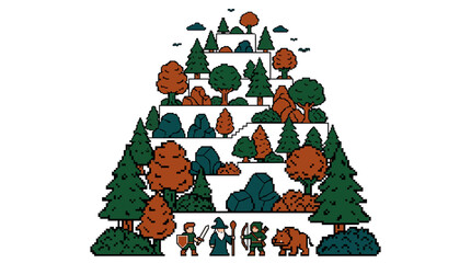 Fototapeta premium Pixelart Fantasy Forest Pyramid with Knight Wizard Archer Boar