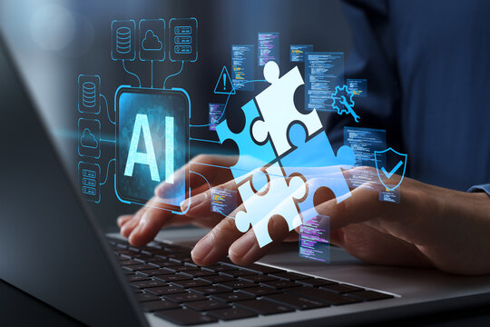 AI coding agent automating software development tasks. Source code illustration and puzzle icons. Software engineer entering programming prompts into AI assistant on laptop.