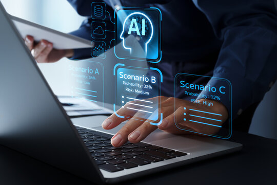 AI scenario analysis and risk assessment. AI forecasting system presenting multiple scenarios. Businessman using laptop computer for strategic planning.