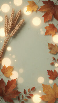 Autumn harvest background with wheat and fall leaves