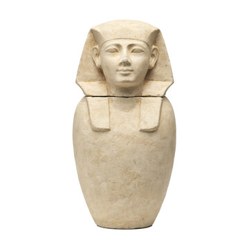 Ancient egyptian limestone canopic jar with a human head lid sculpture isolated on a transparent background