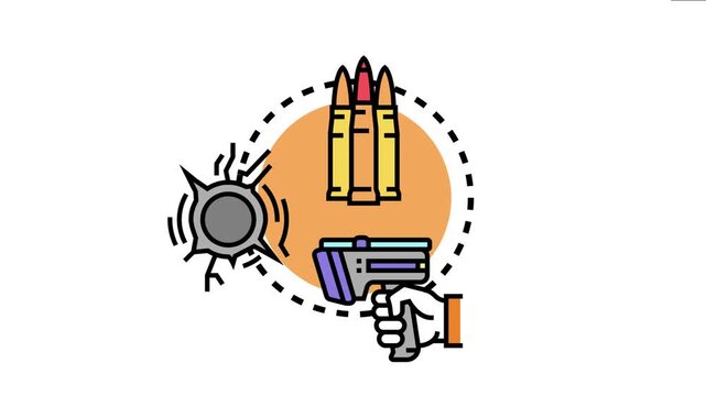 Hand holding a weapon, bullets, and a bullet impact mark representing aggressive behavior, violence, security threats, and danger associated with armed assaults from a vehicle