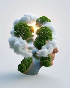 Surreal mindfulness concept, human head transformed into a miniature peaceful landscape with trees, clouds, flowing river and sunrise, elegant double exposure, soft pastel colors, clean background