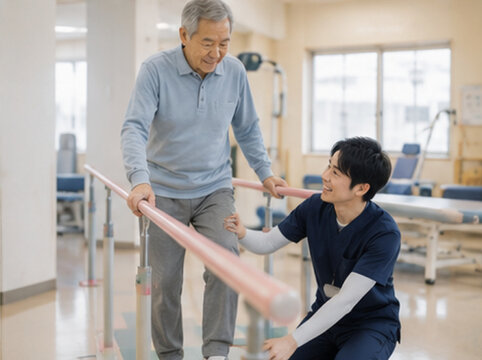リハビリ,リハビリテーション,理学療法士,PT,歩行訓練,高齢男性,高齢者,シニア,日本人男性,患者,機能訓練,運動療法,理学療法,歩行,歩行支援,歩行補助,筋力トレーニング,筋力低下,身体機能,運動機能,回復,自立支援,介助,医療,介護,高齢者介護,リハビリ施設,介護施設,病院,デイケア,デイサービス,平行棒,歩行器,杖,転倒予防,フレイル,サルコペニア,健康,健康管理,老後,医療従事者,リハビ