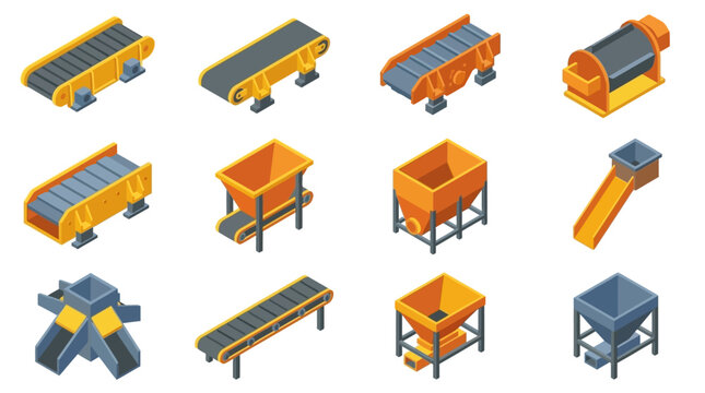 Industrial conveyor belt systems in isometric view.