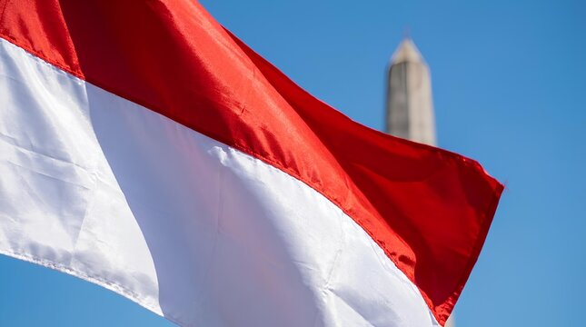 Indonesia flag waving in front of the National Monument Monas.