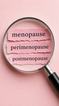 Words "menopause," "perimenopause," and "postmenopause" are highlighted under a magnifying glass on a pink background.