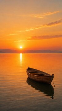 A solitary wooden boat floats peacefully on calm water during a vibrant orange sunset with distant mountains under a partly cloudy sky.
