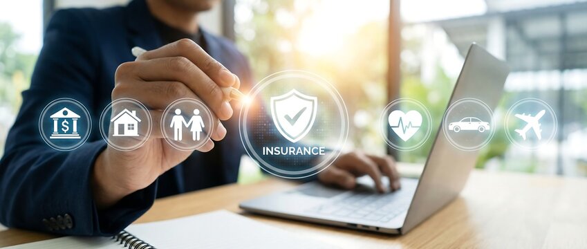 Professional in a suit using a stylus to interact with a digital insurance interface, featuring icons for home, health, car, and travel protection, emphasizing security and financial planning.