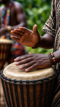 Hands rhythmically playing an African djembe drum, adorned with beaded bracelets, with a blurred figure and lush greenery in the background.
