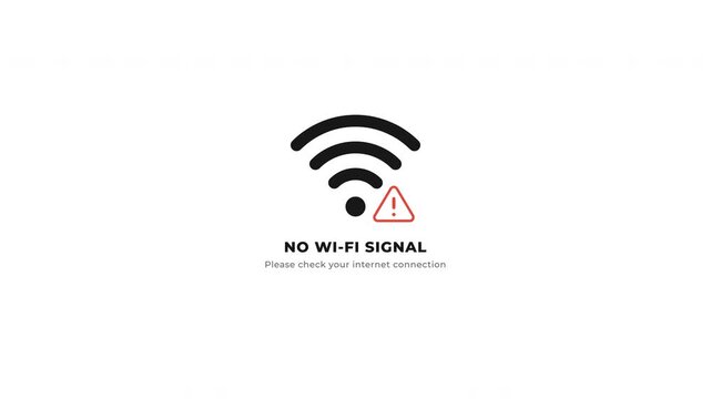 Animated no wifi signal icon on white screen. Lost internet connection with red triangle alert in 4k video, wireless error alert
