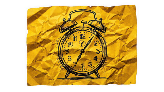 Black alarm clock icon on a yellow crumpled paper background