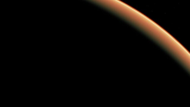 A distant view of the planet Mars shows its surface with shades of red. The curved outline of Mars is visible against a black background, highlighting its shape and terrain.