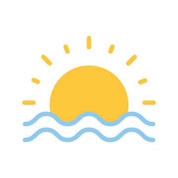 Minimalist icon sunrise single flat vector graphic featuring yellow sun rising over blue ocean waves on white