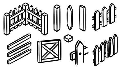 Fototapeta premium Isometric wooden fence elements line art illustration