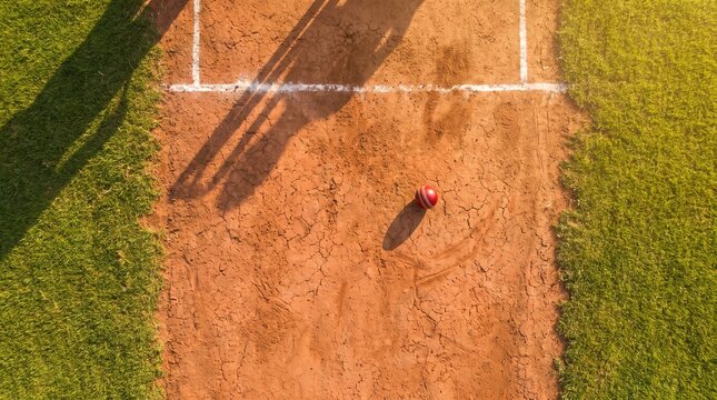 A red cricket ball rests on a worn clay pitch with surrounding green grass