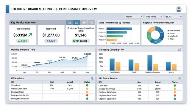 Executive board meeting dashboard vector template. Key metrics overview with financial charts and regional revenue distribution graphs