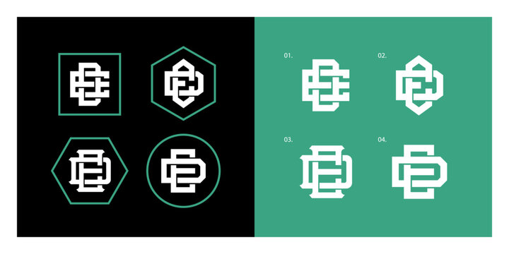 Interlocking monogram ED logo collection in geometric frames on black and teal backgrounds.