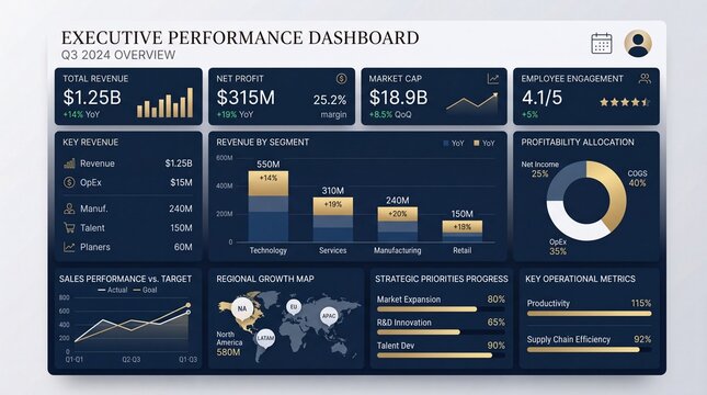 Executive performance dashboard displaying Q3 financial analytics. Business report with charts graphs and KPIs on a dark blue interface